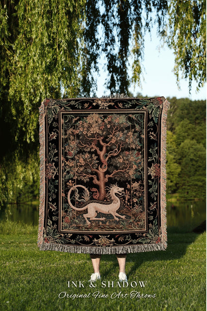 Medieval Dragon Woven Throw | Nordic Home Decor Morris Tapestry Fairycore Aesthetic Maximalist Gift for Goths Woodland Cottagecore Dragon