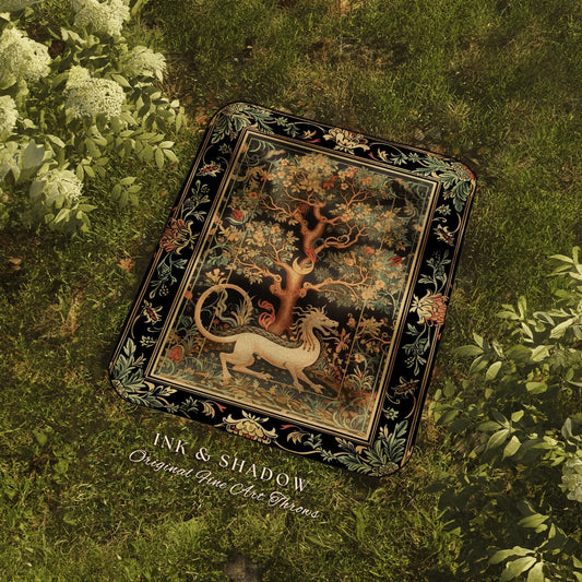 Medieval Dragon Picnic Blanket | Nordic Home Decor Morris Tapestry Fairycore Aesthetic Maximalist Gift for Goths Woodland Cottagecore Dragon
