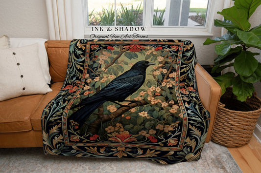 Dark Academia Crowcore Throw Blanket | Ethereal Home Decor Morris Inspired Cottagecore Tapestry Dark Fairycore Book Nook Woodland Witchy |