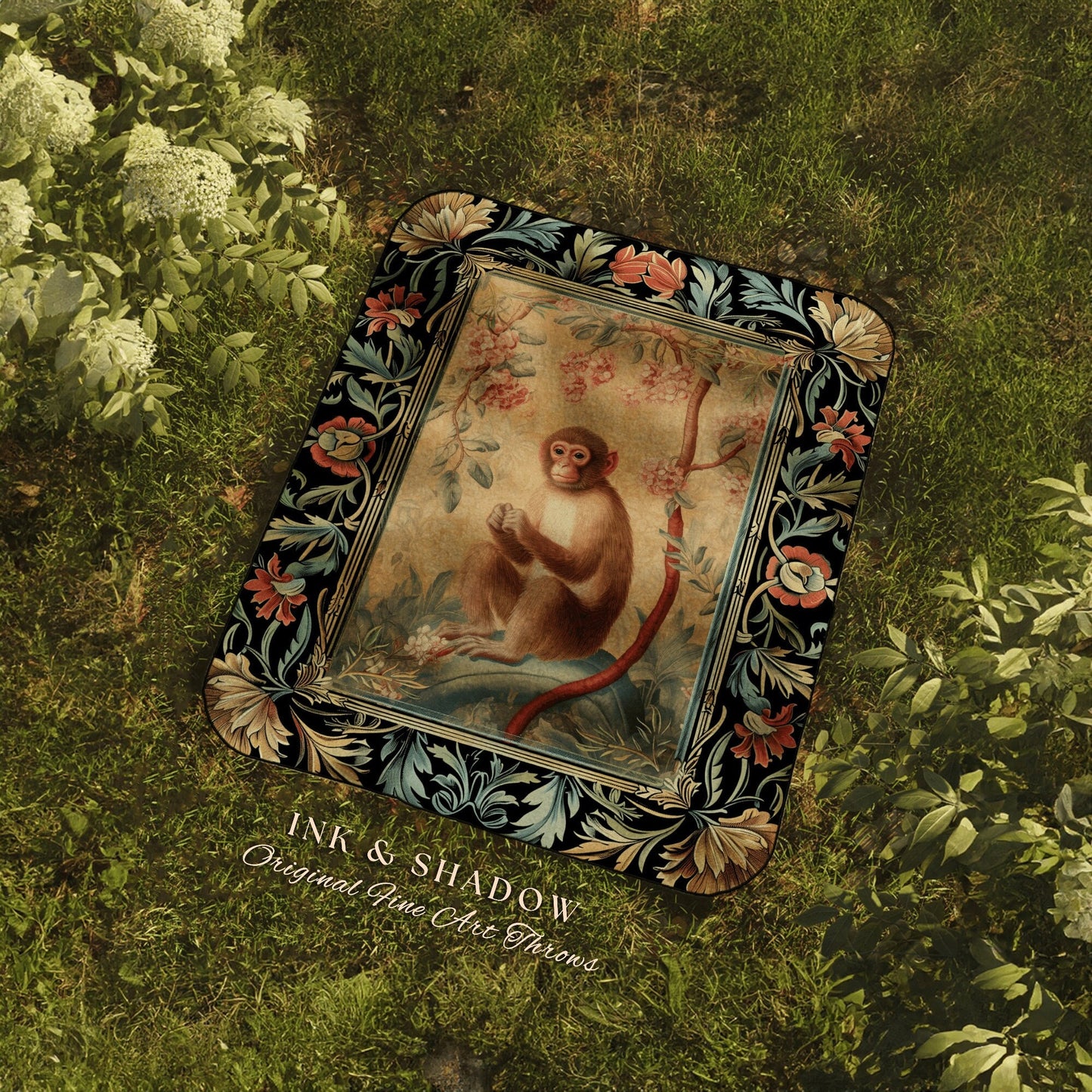 Victorian Gothic Woven Throw Blanket | Woodland Tapestry Decor William Morris Monkey Vintage Cottagecore Aesthetic Dark Fairycore Woven Art