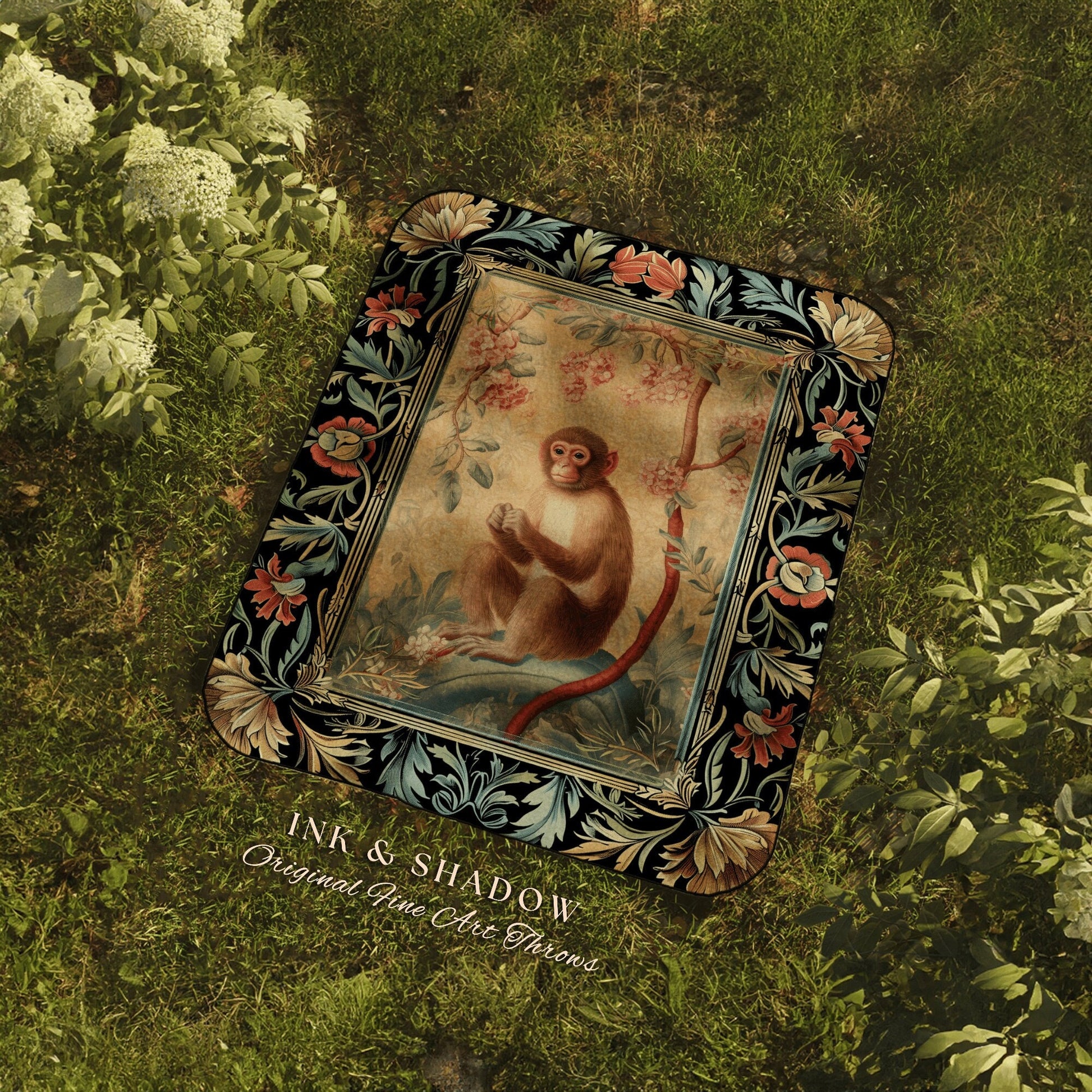 Victorian Gothic Woven Throw Blanket | Woodland Tapestry Decor William Morris Monkey Vintage Cottagecore Aesthetic Dark Fairycore Woven Art