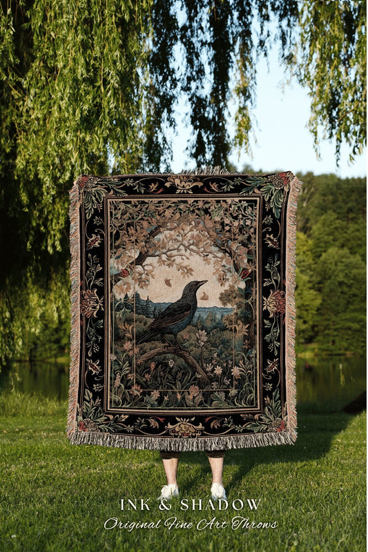 Dark Floral Raven Tapestry | Victorian Gothic Woven Blanket Morris Inspired Cottagecore Aesthetic Dark Fairycore Goth Bedroom Black Crow Art