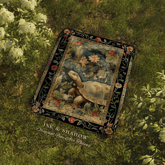 Ornate Floral Picnic Blanket | Tortoise Decor Morris Style Cottagecore Reading Corner Tapestry Dark Fairycore Room Mystical Woodland Throw