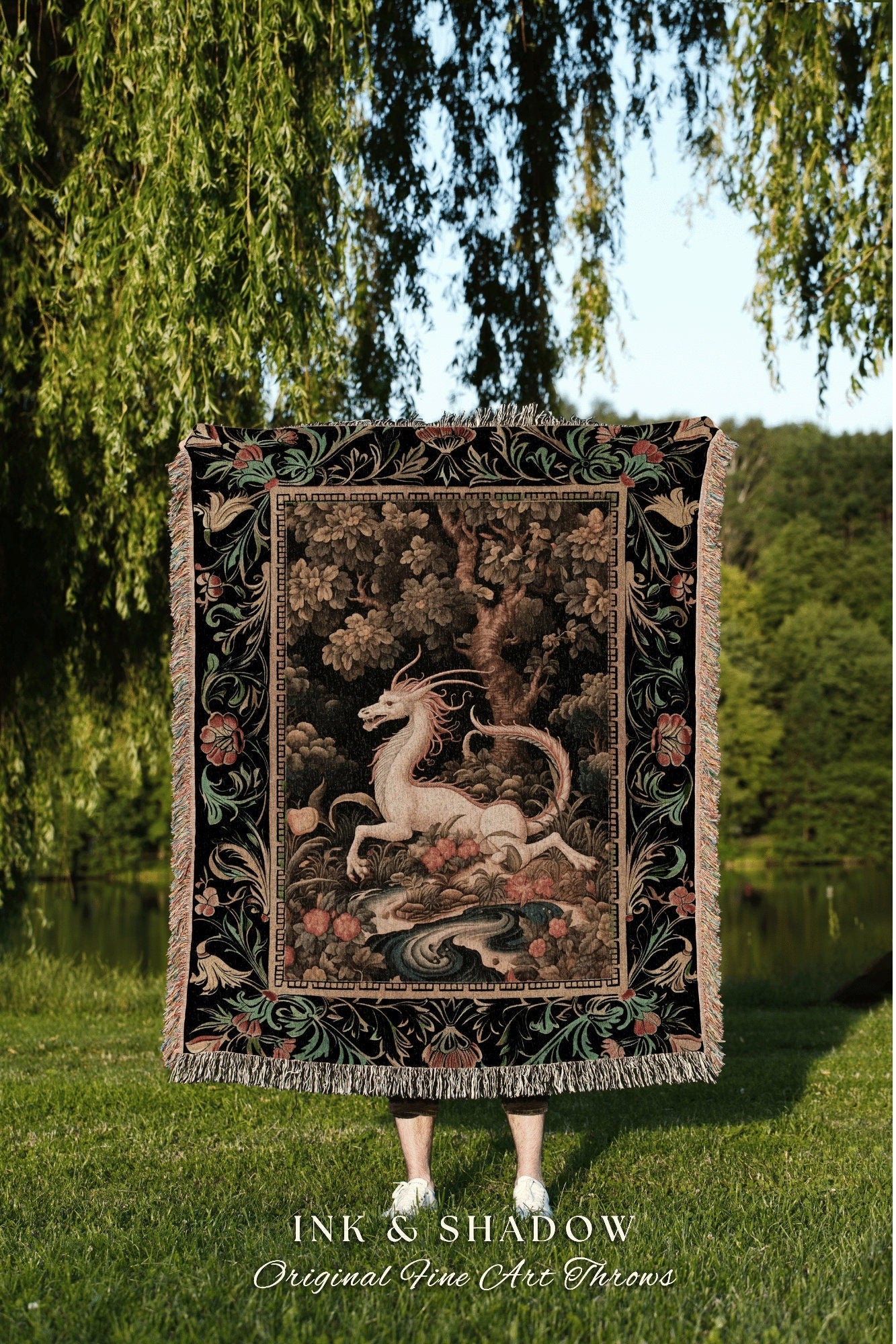 Dark Medieval Dragon Throw Blanket | Mystic Room Decor Morris Woven Tapestry Cottagecore Aesthetic Fairycore Bedroom Magical Dragon Theme |