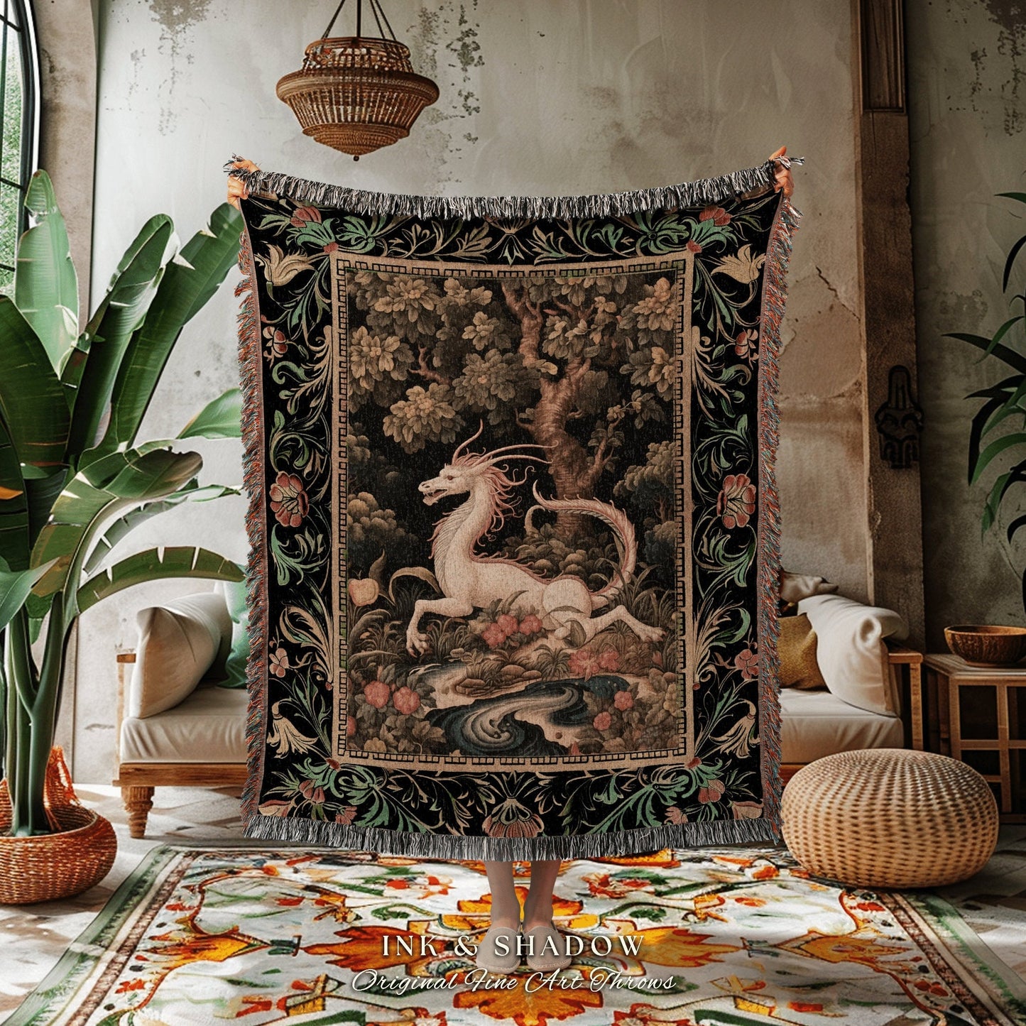 Dark Medieval Dragon Throw Blanket | Mystic Room Decor Morris Woven Tapestry Cottagecore Aesthetic Fairycore Bedroom Magical Dragon Theme |