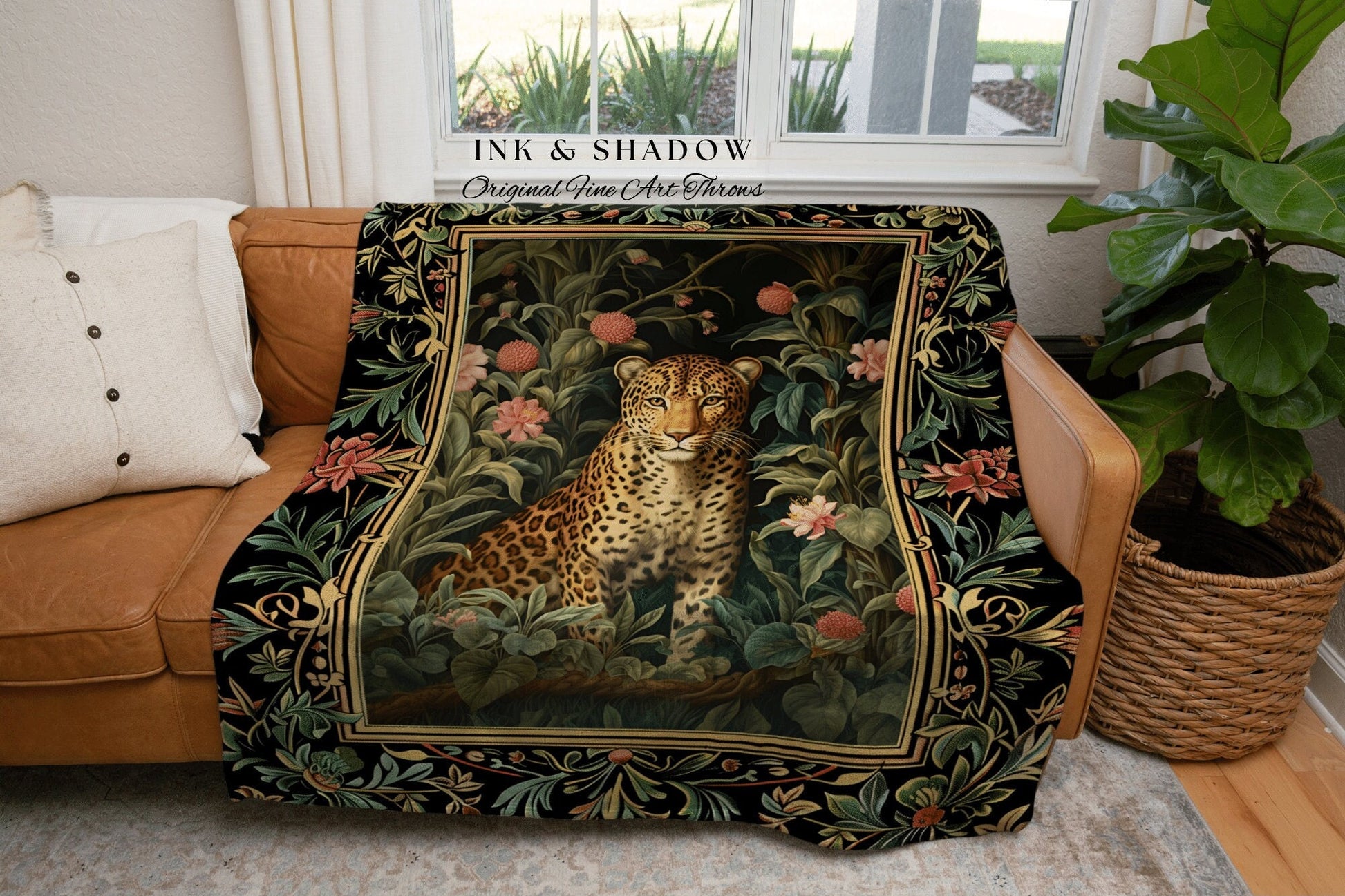 Leopard Tapestry Dark Floral | Nature Inspired Room Decor Morris Aesthetic Fairycore Boho Bedroom Throw Blanket Jungle Cheetah Nursery Decor