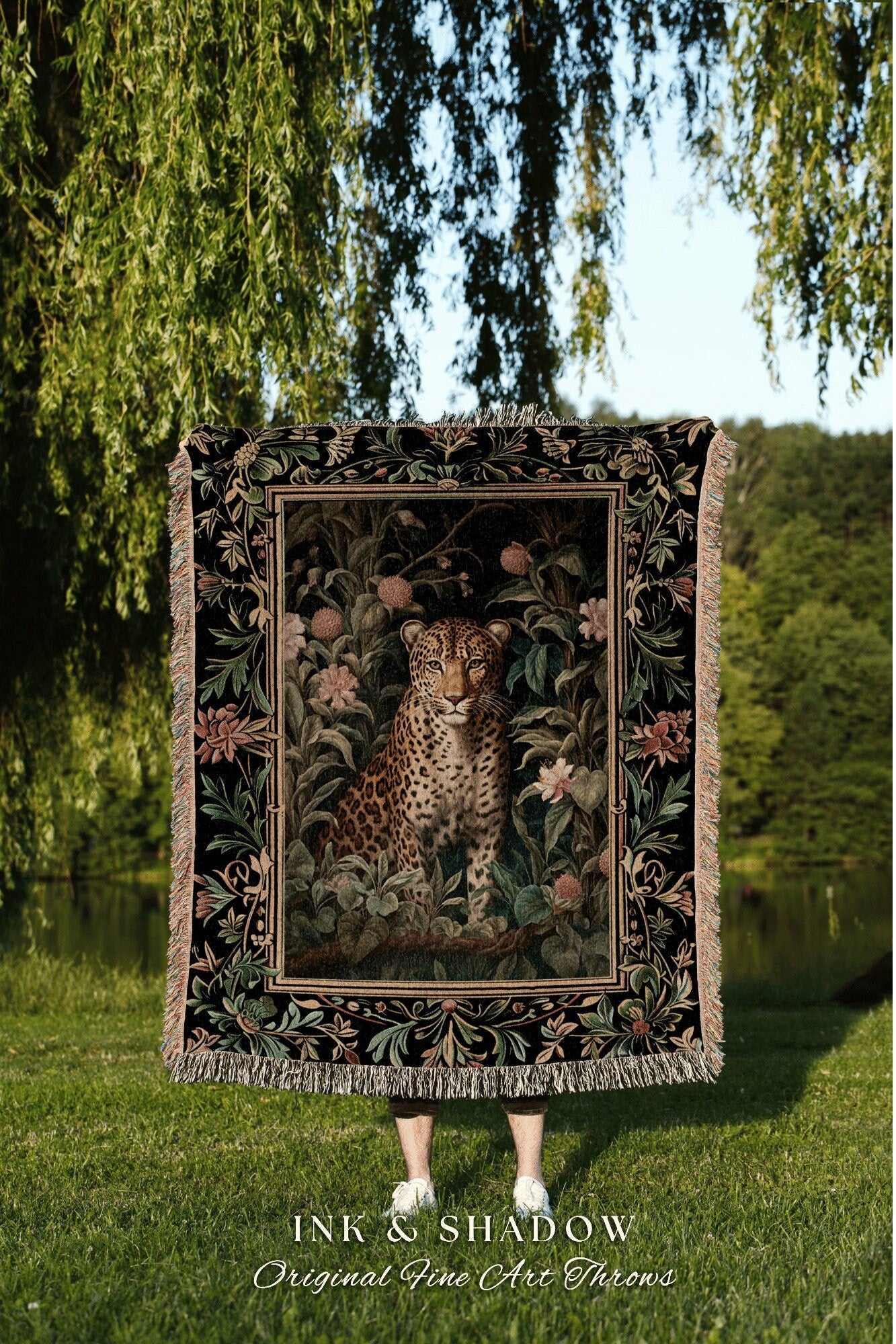 Leopard Tapestry Dark Floral | Nature Inspired Room Decor Morris Aesthetic Fairycore Boho Bedroom Throw Blanket Jungle Cheetah Nursery Decor