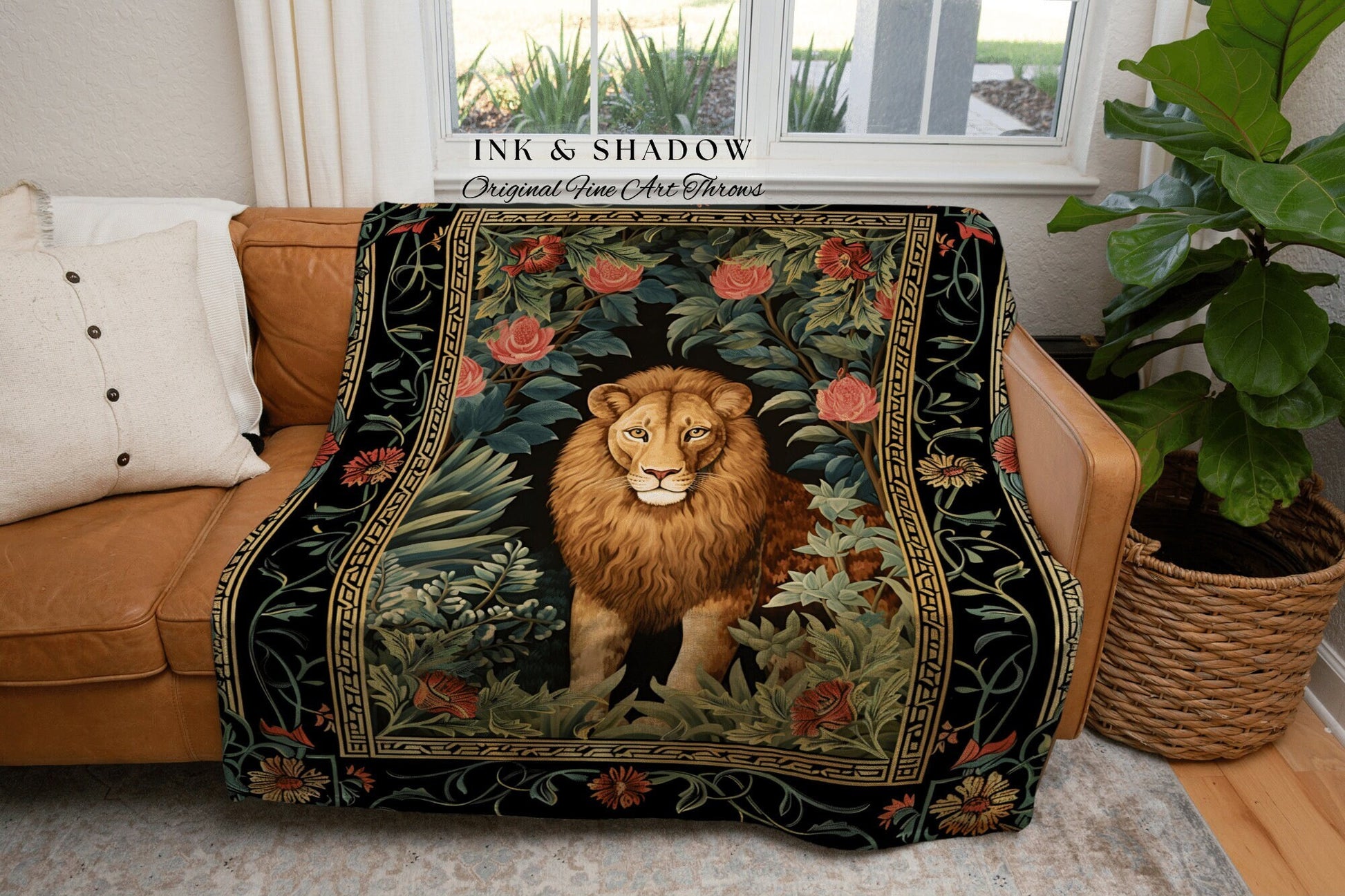 Mystic Jungle Lion Blanket | Rainforest Themed Decor William Morris Style Aesthetic Fairycore Boho Woven Tapestry Jungle Floral Botanical