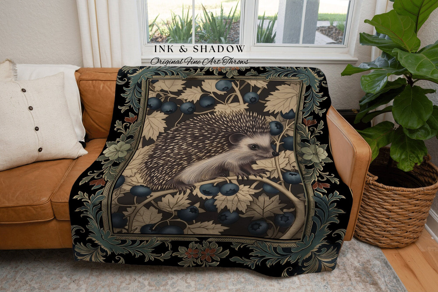 Victorian Gothic Picnic Blanket | Dark Woodland Autumn Throw Blanket Cozy Cottagecore Book Nook Throw Dark Fairycore Room Hedgehog Lover |
