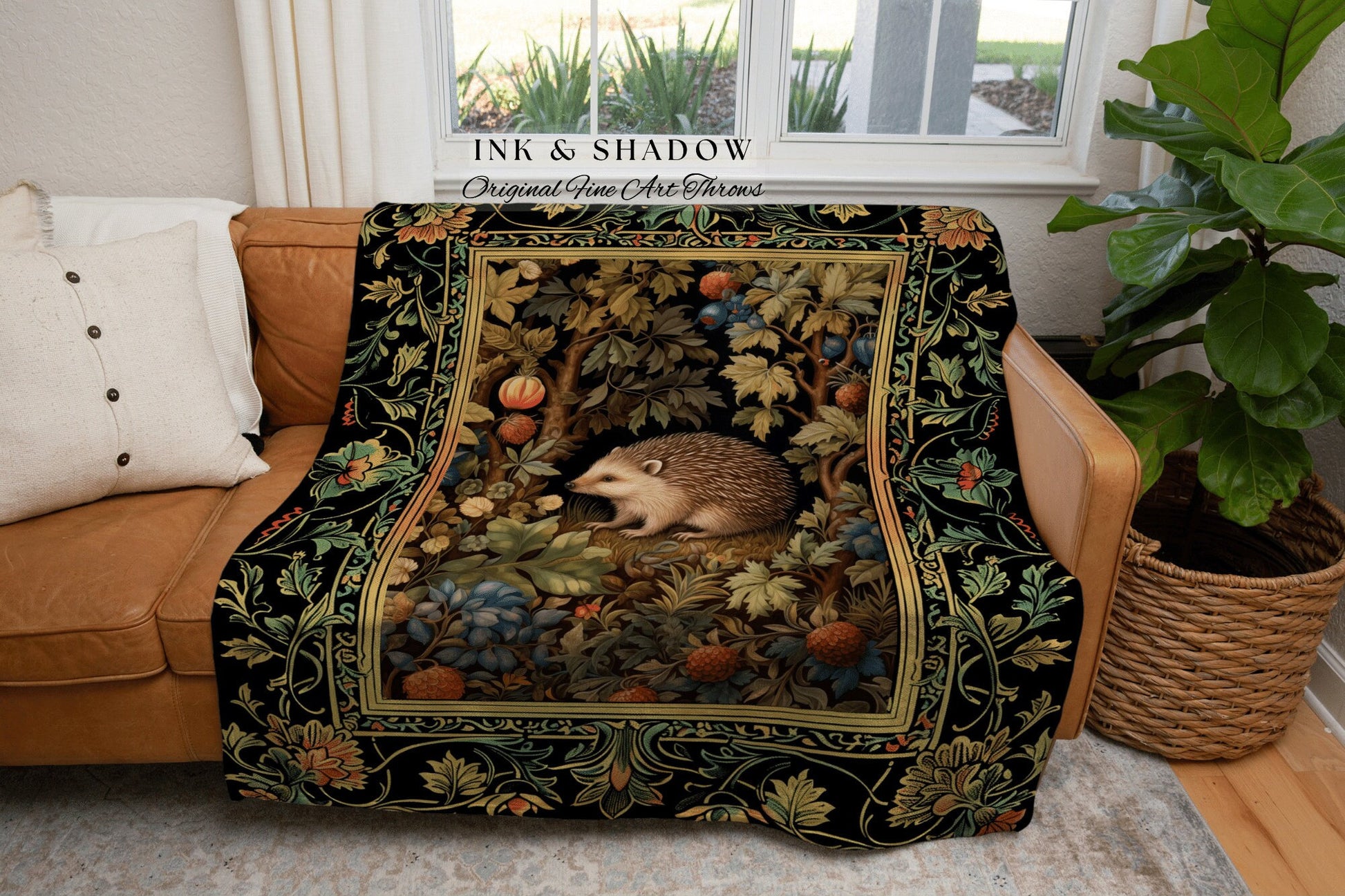 Woodland Whimsy Hedgehog Blanket | Dark Woodland Rustic Throw Blanket Cozy Rustic Throw Housewarming Gift Hedgehog Wallhanging Tapestry Cute