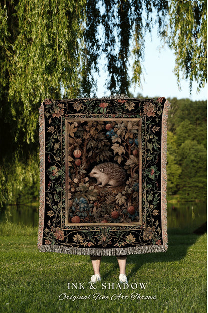 Woodland Whimsy Hedgehog Blanket | Dark Woodland Rustic Throw Blanket Cozy Rustic Throw Housewarming Gift Hedgehog Wallhanging Tapestry Cute