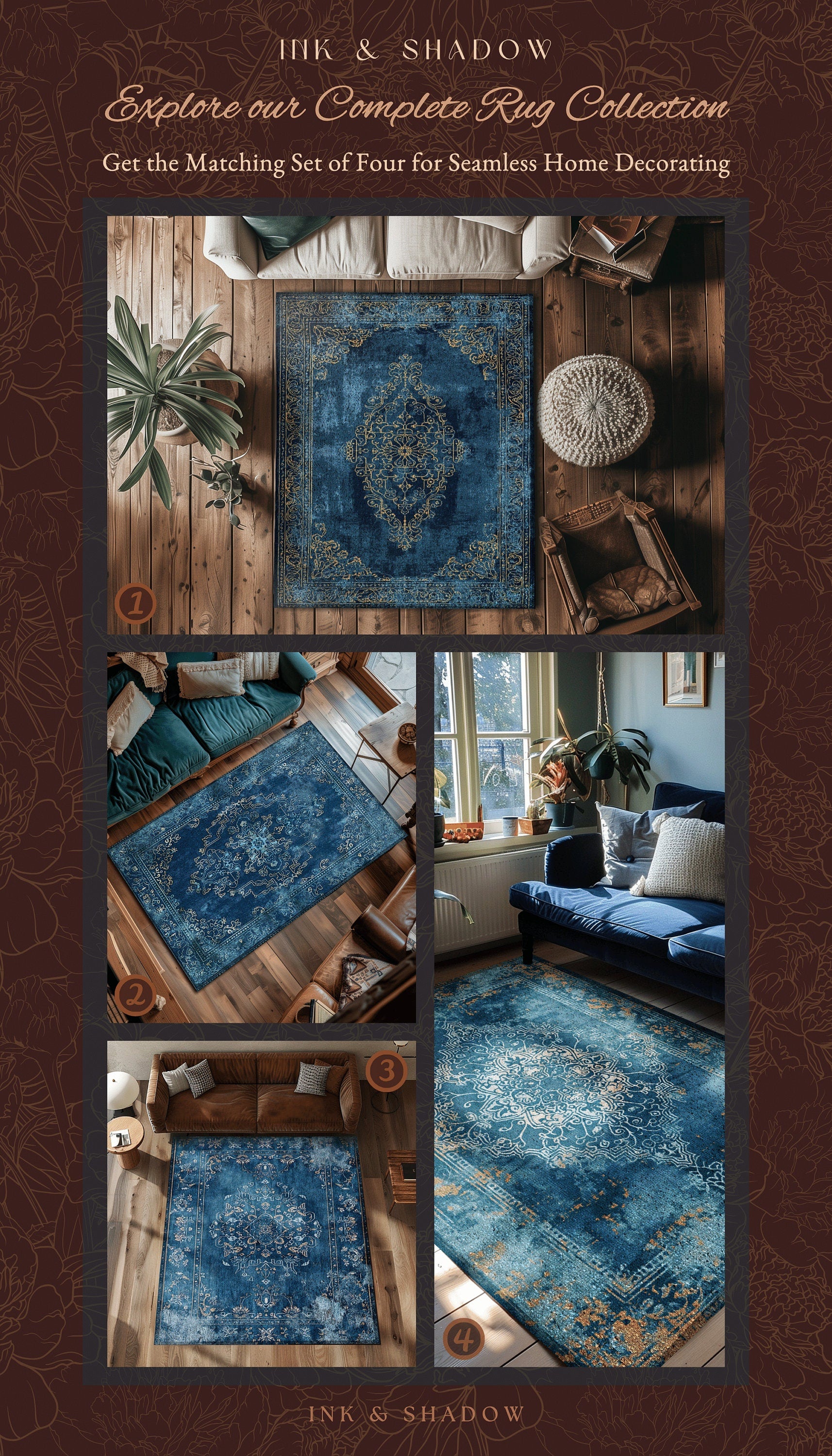 Navy Blue Elegant Aesthetic Rug | Modern Living Room Indigo Home Decor Elegant Aesthetic Dark Cottagecore Royal Blue Bedroom Boho Floor Mat