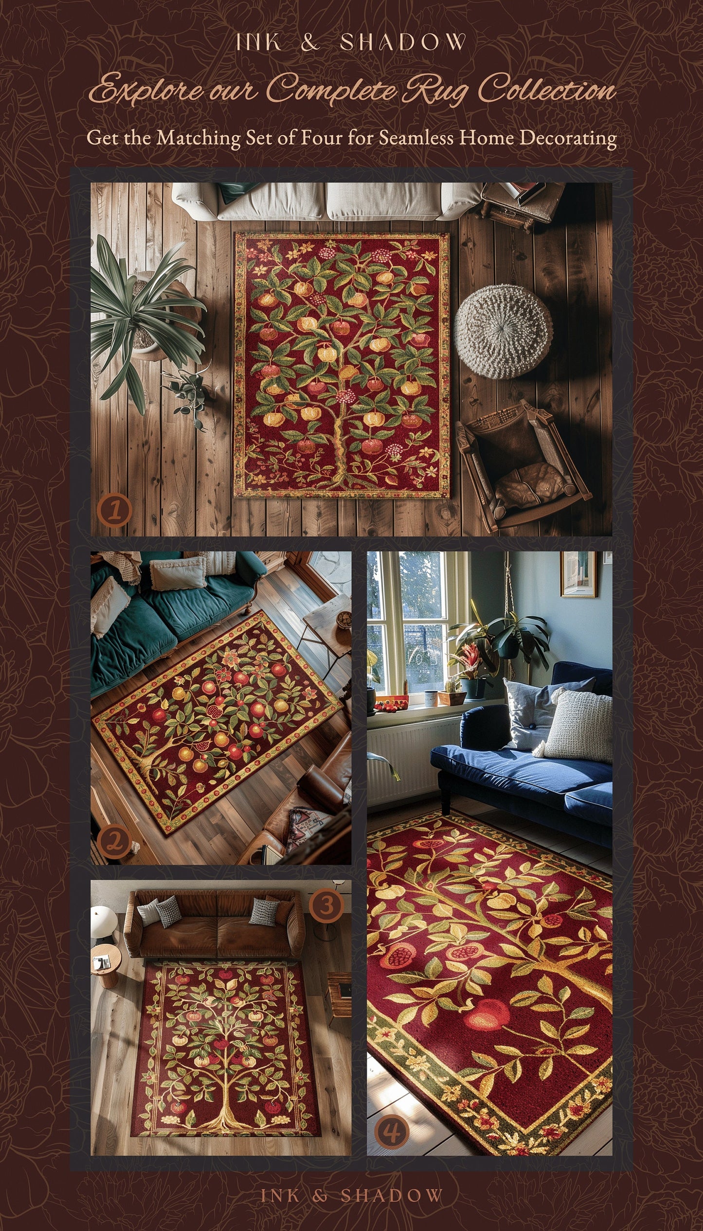 Pomegranate Tree of Life Art Bedroom Rug Dark Academia Aesthetic | Medieval Living Room Home Decor Rustic Housewarming Gif Dark Cottagecore