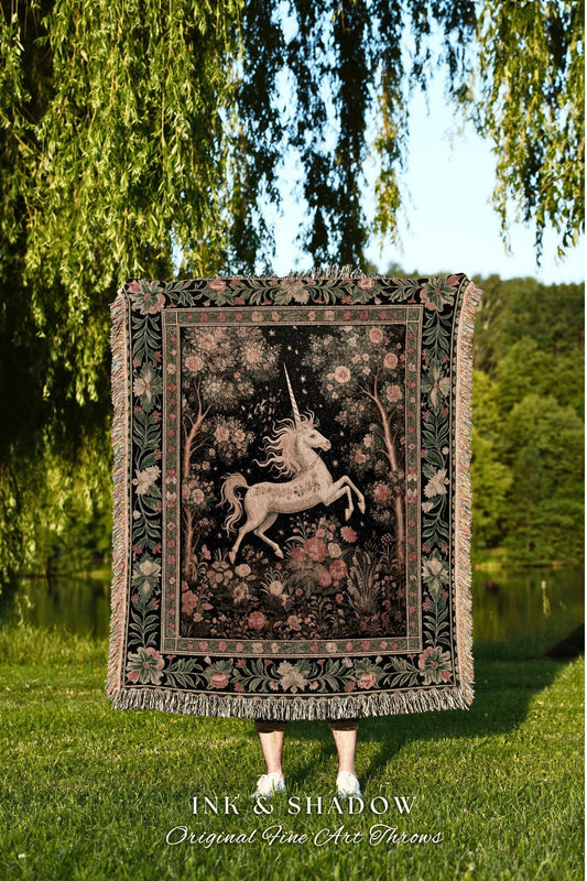 Fairy Aesthetic Unicorn Tapestry Blanket | Whimsigoth Room Decor William Morris Inspired Cottagecore Aesthetic Fairycore Woven Throw Magical