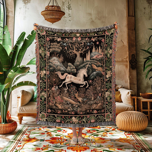 Fairytale Unicorn Tapestry Blanket | Folklore Aesthetic Room Decor Morris Inspired Cottagecore Cozy Fairycore Woven Throw Mystical Bedroom