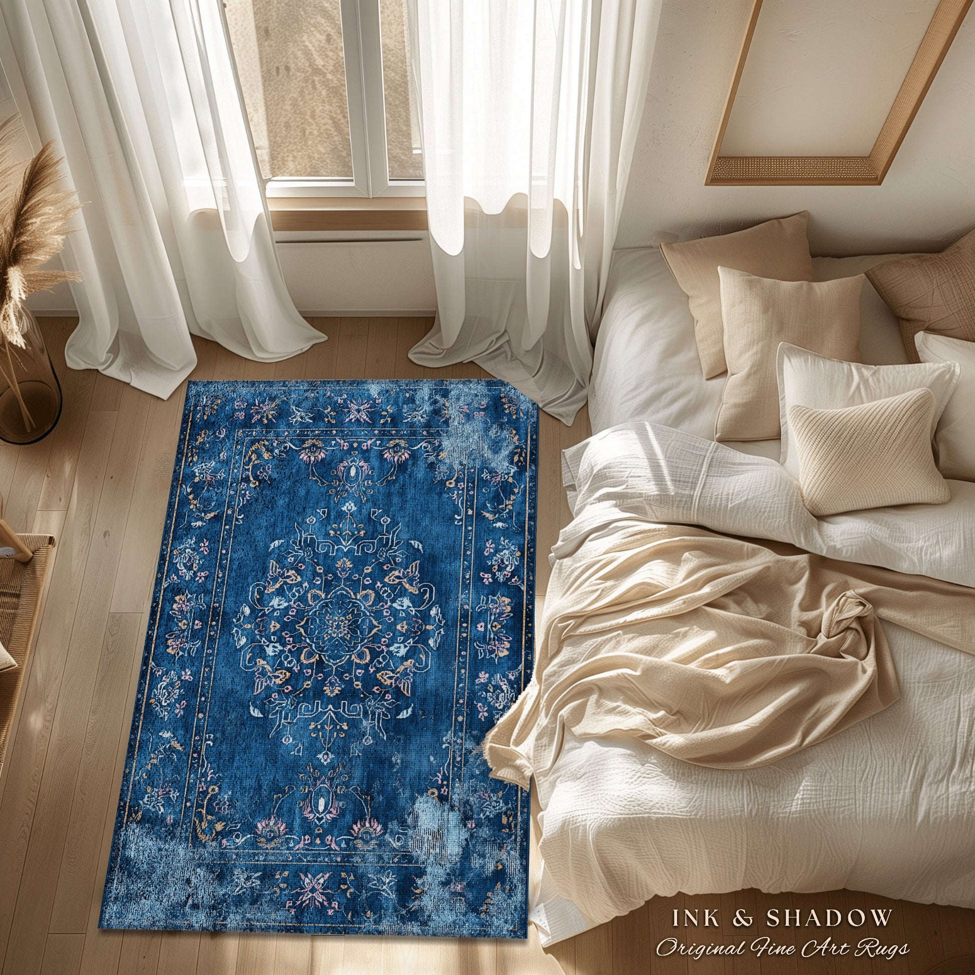 Navy Blue Elegant Aesthetic Rug | Modern Living Room Indigo Home Decor Elegant Aesthetic Dark Cottagecore Royal Blue Bedroom Boho Floor Mat