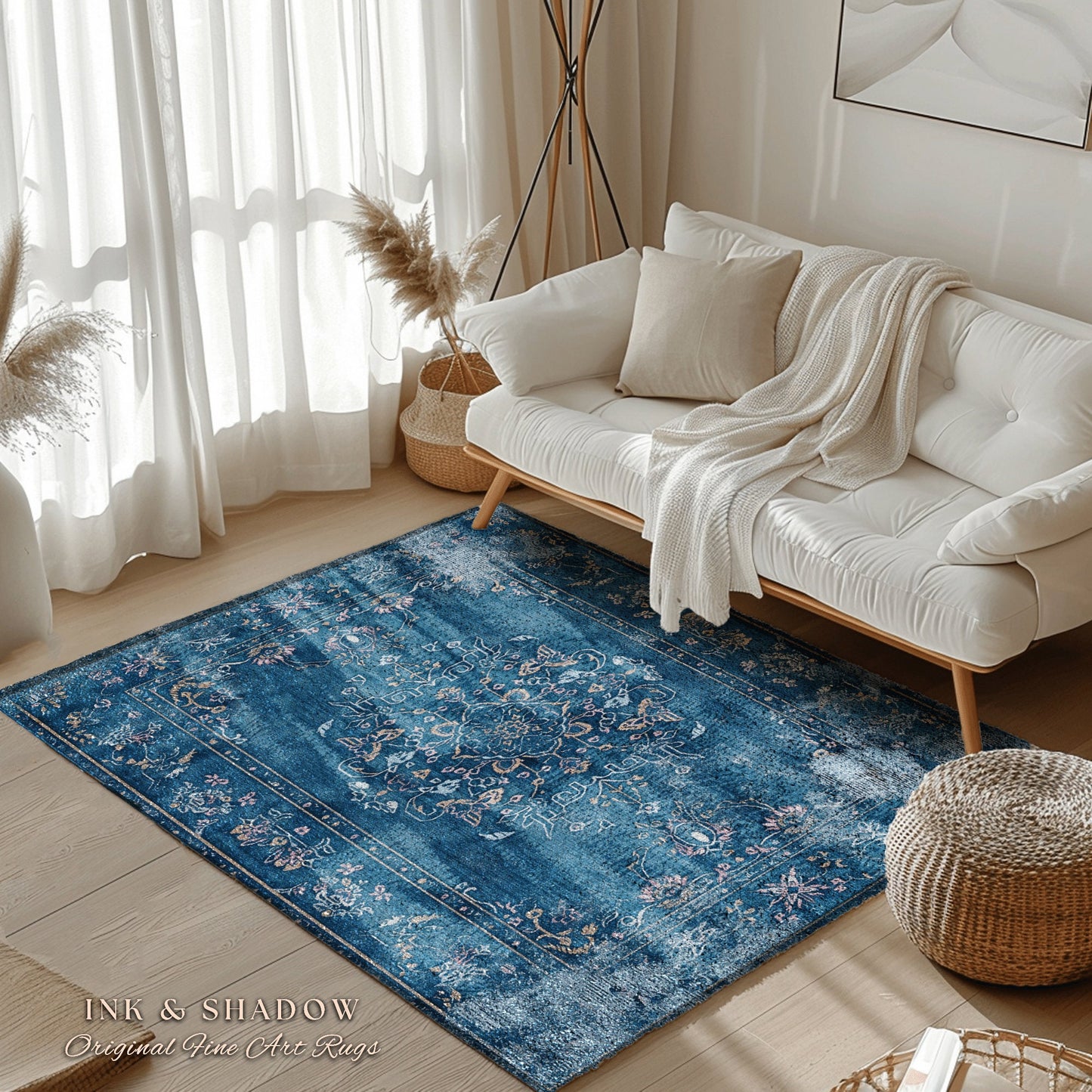 Navy Blue Elegant Aesthetic Rug | Modern Living Room Indigo Home Decor Elegant Aesthetic Dark Cottagecore Royal Blue Bedroom Boho Floor Mat