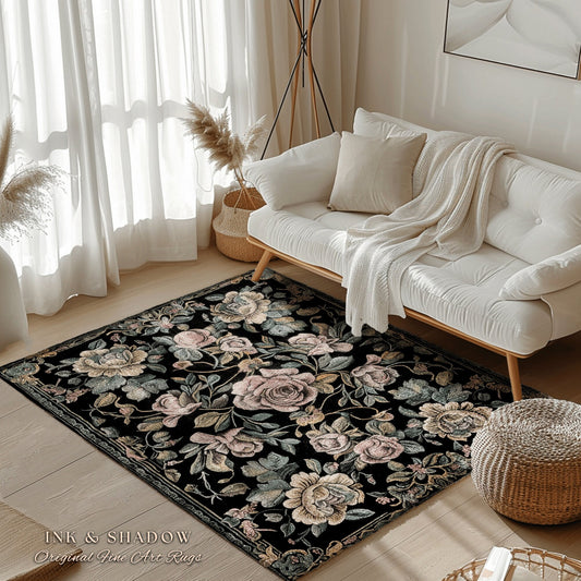 Pastel Mosaic Tile Rose Rug | Dark Floral Aesthetic Common Room Home Decor Rustic Housewarming Gift Cottagecore Dark Floral Bedroom Mat |