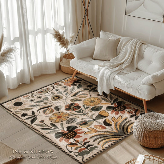 Abstract Flowers Boho Floor Rug | Indie Aesthetic Living Room Danish Home Decor Rustic Housewarming Gift Cottagecore Earth Tone Bedroom Mat