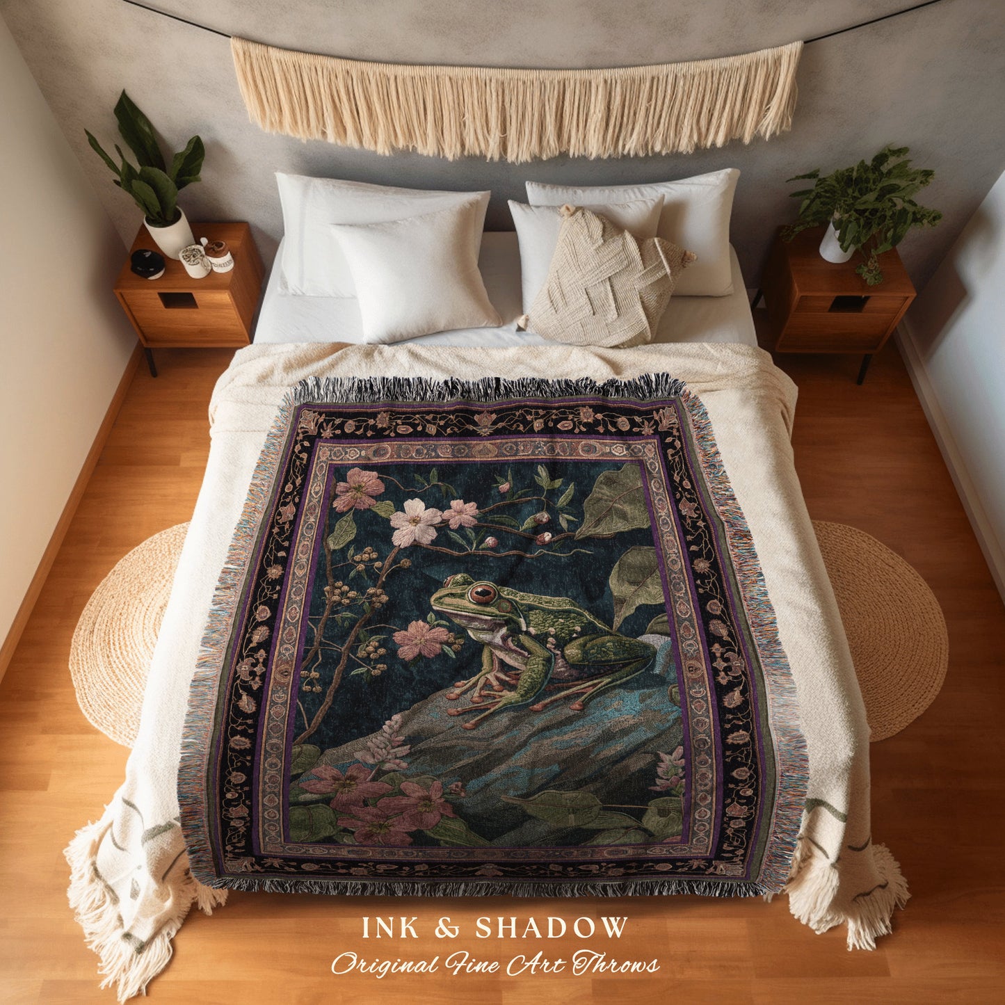 Moody Botanical Frog Throw Blanket | Ethereal Room Morris Inspired Forest Aesthetic Fairy Grunge Goblincore Blanket Woodland Toad Tapestry