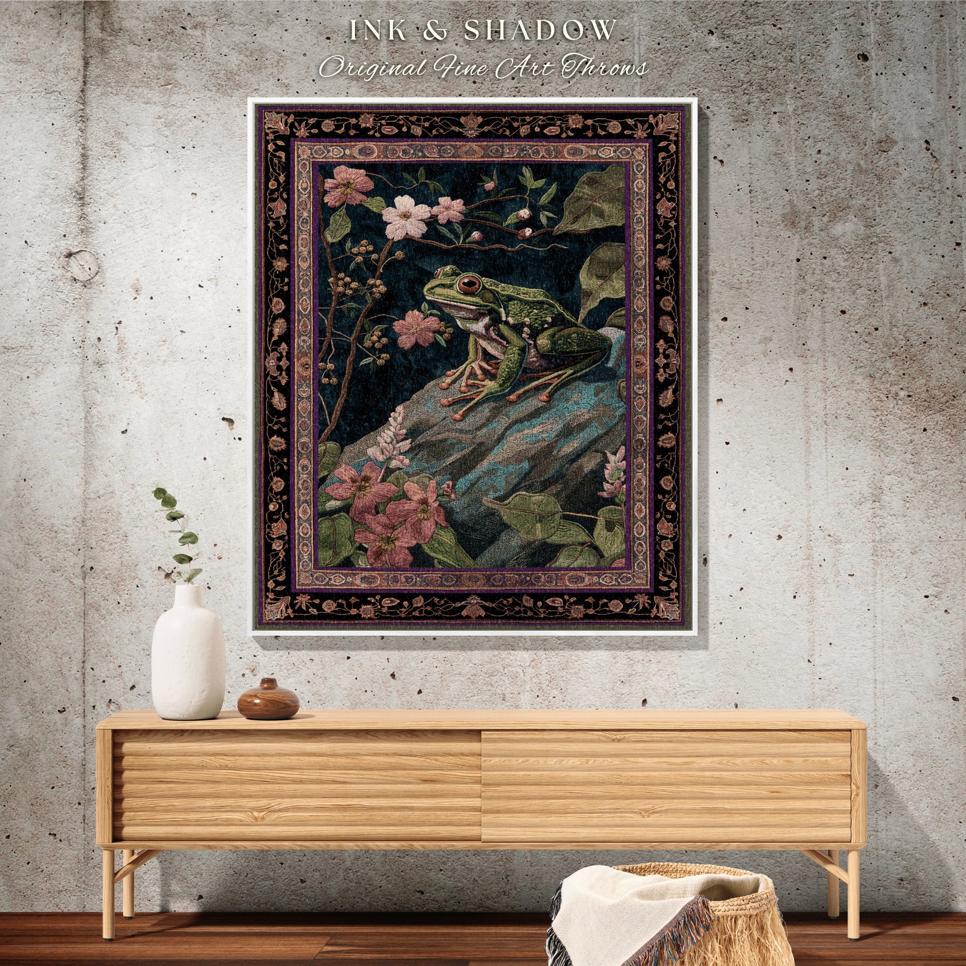 Moody Botanical Frog Throw Blanket | Ethereal Room Morris Inspired Forest Aesthetic Fairy Grunge Goblincore Blanket Woodland Toad Tapestry