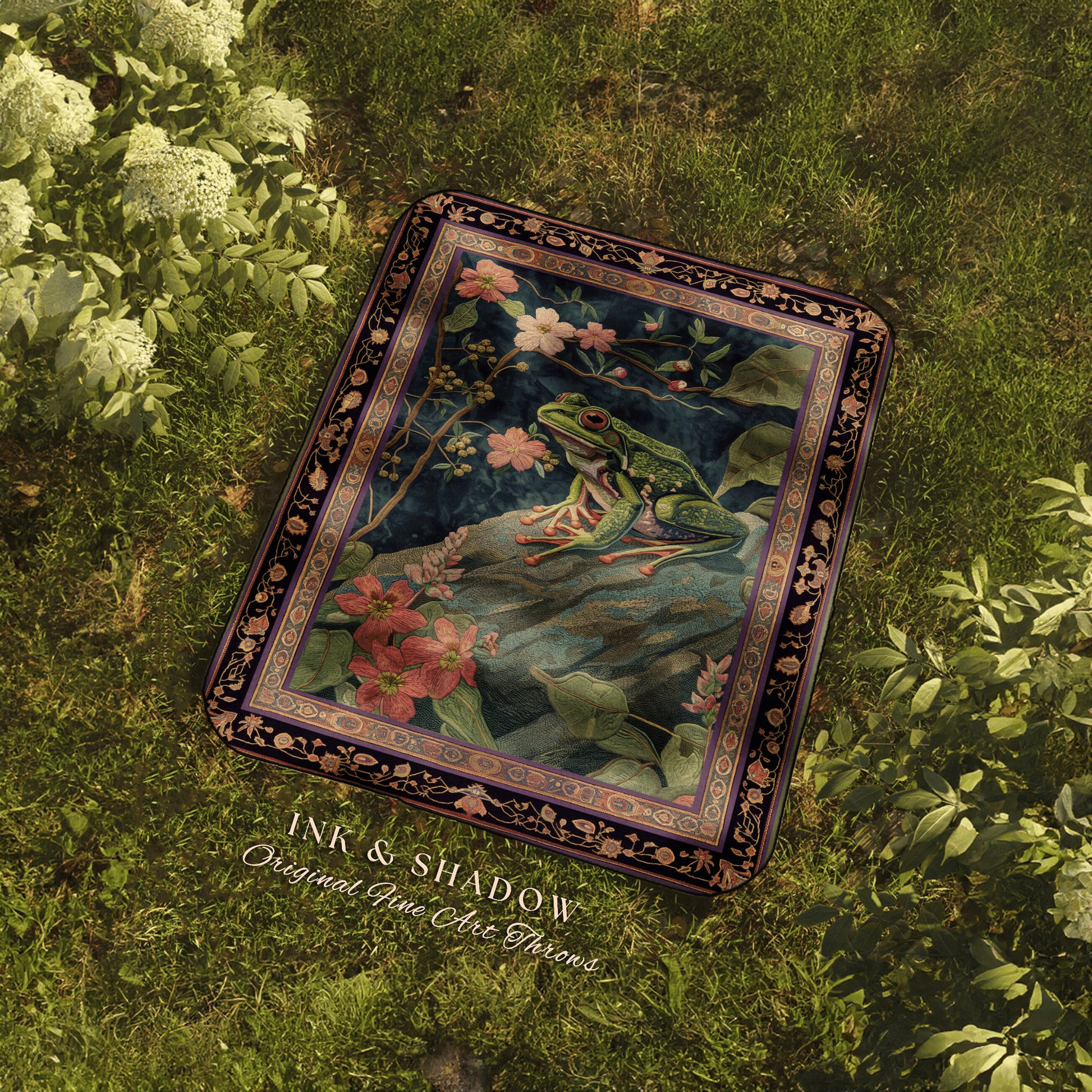 Moody Botanical Frog Throw Blanket | Ethereal Room Morris Inspired Forest Aesthetic Fairy Grunge Goblincore Blanket Woodland Toad Tapestry