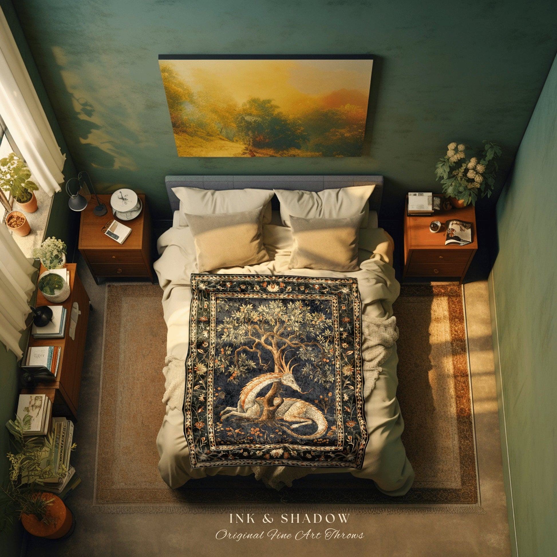 Folklore Dragon Woven Blanket | Medieval Aesthetic Fairytale Inspired Wall Art Cottagecore Style Fairycore Woven Throw Tapestry Botanical |