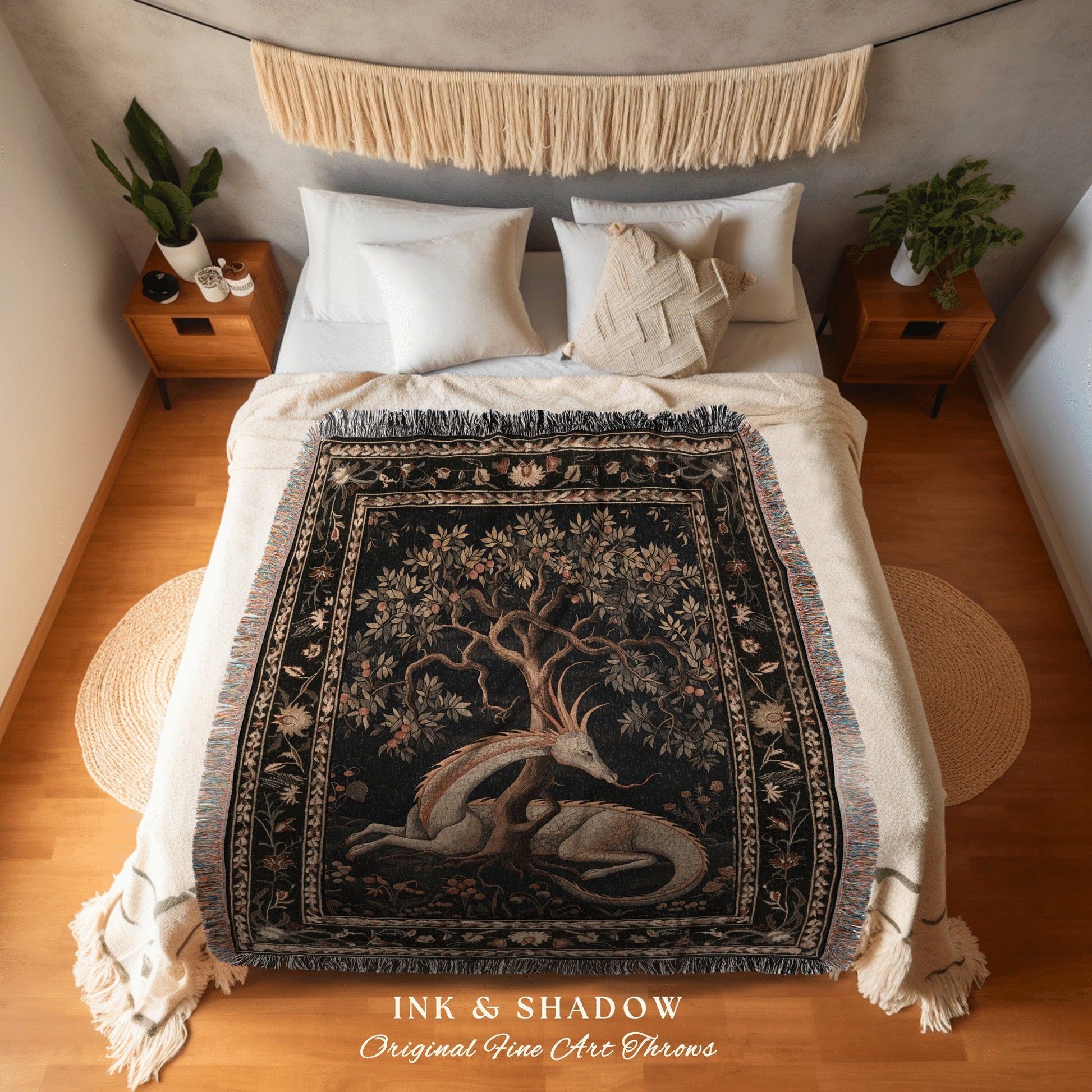 Folklore Dragon Woven Blanket | Medieval Aesthetic Fairytale Inspired Wall Art Cottagecore Style Fairycore Woven Throw Tapestry Botanical |
