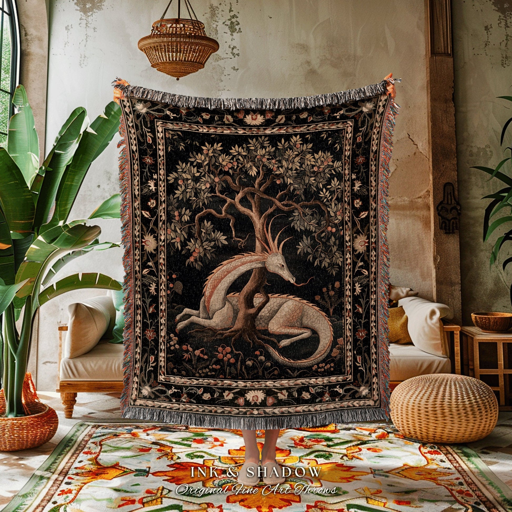 Folklore Dragon Woven Blanket | Medieval Aesthetic Fairytale Inspired Wall Art Cottagecore Style Fairycore Woven Throw Tapestry Botanical |