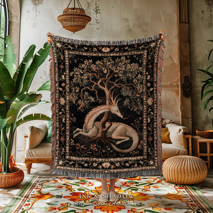 Folklore Dragon Woven Blanket | Medieval Aesthetic Fairytale Inspired Wall Art Cottagecore Style Fairycore Woven Throw Tapestry Botanical |