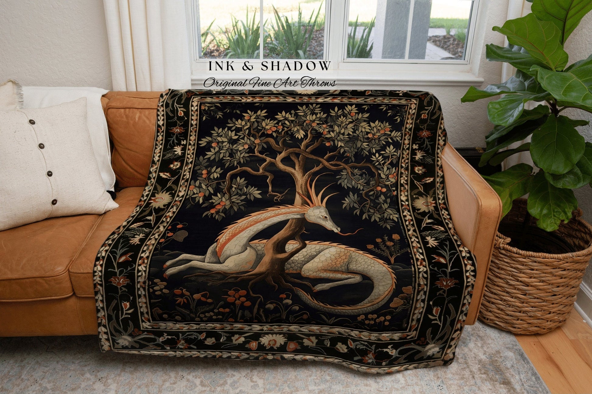 Folklore Dragon Woven Blanket | Medieval Aesthetic Fairytale Inspired Wall Art Cottagecore Style Fairycore Woven Throw Tapestry Botanical |