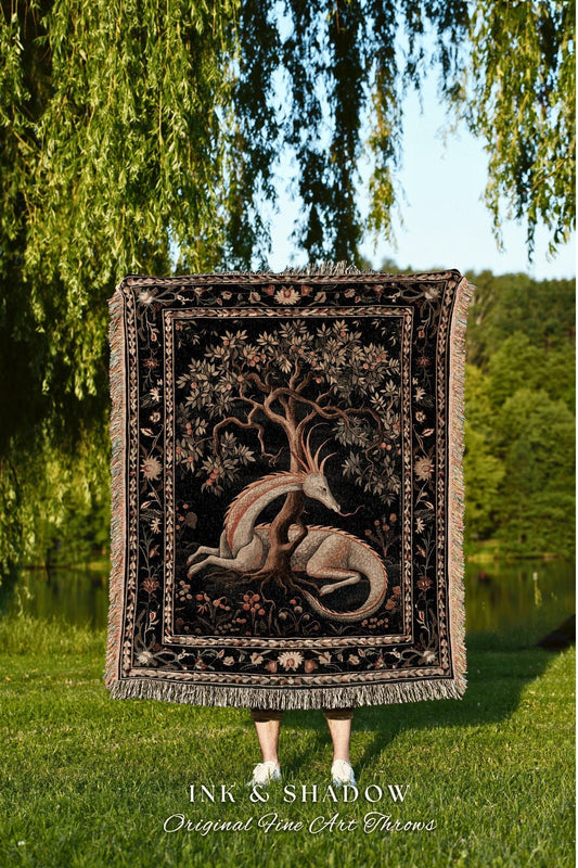 Folklore Dragon Woven Blanket | Medieval Aesthetic Fairytale Inspired Wall Art Cottagecore Style Fairycore Woven Throw Tapestry Botanical |