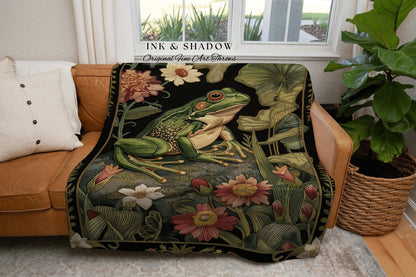 Fairycore Woven Frog Blanket | Ethereal Room Decor Morris Inspired Forest Aesthetic Fairy Grunge Goblincore Bedroom Tapestry Woodland Toad