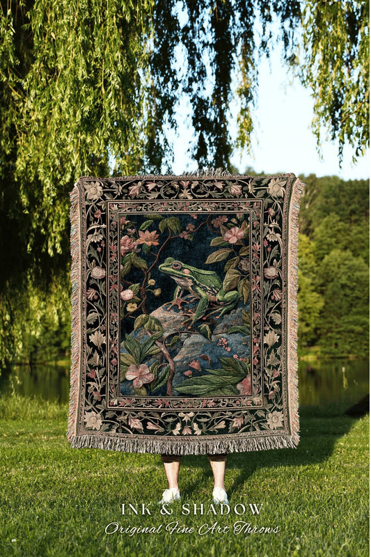 Frog Lover Woven Tapestry Blanket | Dark Woodland Ethereal Room Decor Forest Aesthetic Fairy Grunge Goblincore Blanket Cottagecore Toad |