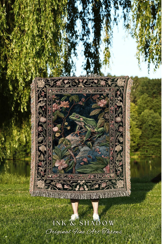 Frog Lover Woven Tapestry Blanket | Dark Woodland Ethereal Room Decor Forest Aesthetic Fairy Grunge Goblincore Blanket Cottagecore Toad |