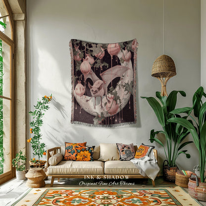 Moon Bat Pomegranate Blanket Woven | Celestial Tapestry Woven Throw Victorian Gothic Bedroom Decor Woodland Ethereal Botanical Witchy Goth