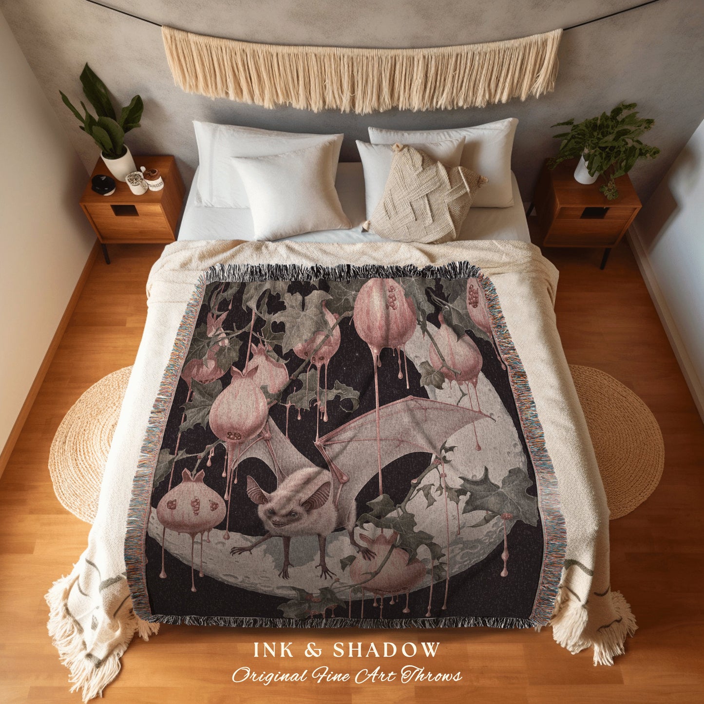 Moon Bat Pomegranate Blanket Woven | Celestial Tapestry Woven Throw Victorian Gothic Bedroom Decor Woodland Ethereal Botanical Witchy Goth