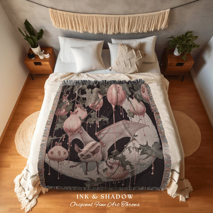 Moon Bat Pomegranate Blanket Woven | Celestial Tapestry Woven Throw Victorian Gothic Bedroom Decor Woodland Ethereal Botanical Witchy Goth
