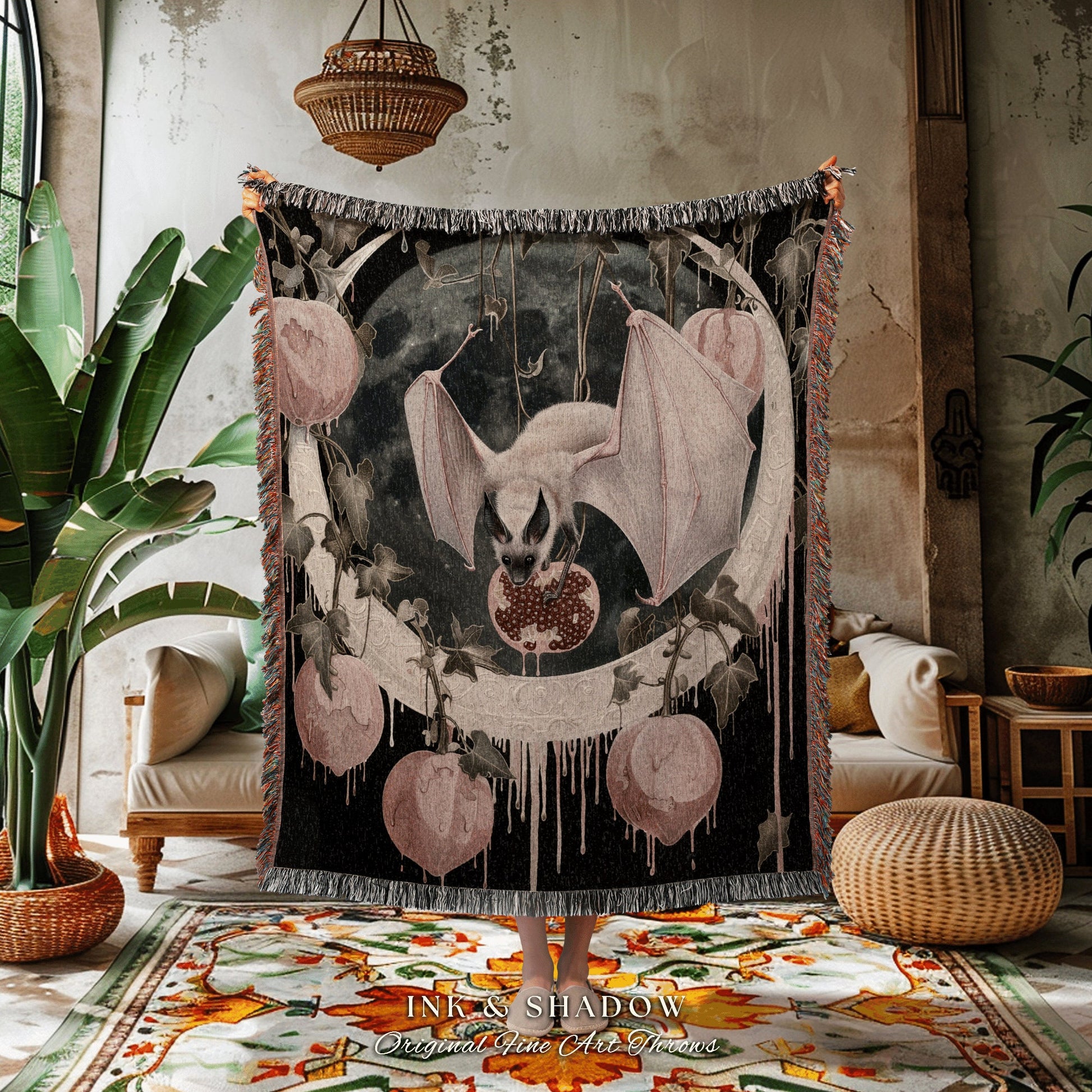 Magical Bat Wall Tapestry Woven | Celestial Tapestry Woven Blanket Victorian Gothic Bedroom Decor Woodland Ethereal Botanical Gothic Room |