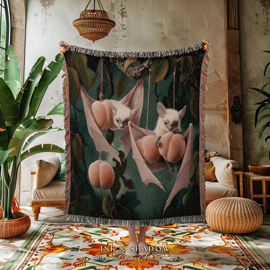 Moody Ethereal Bat Tapestry Blanket | Gothic Cottagecore Throw Blanket Woven Throw Victorian Wall Art Bedroom Decor Dark Woodland Bat Art