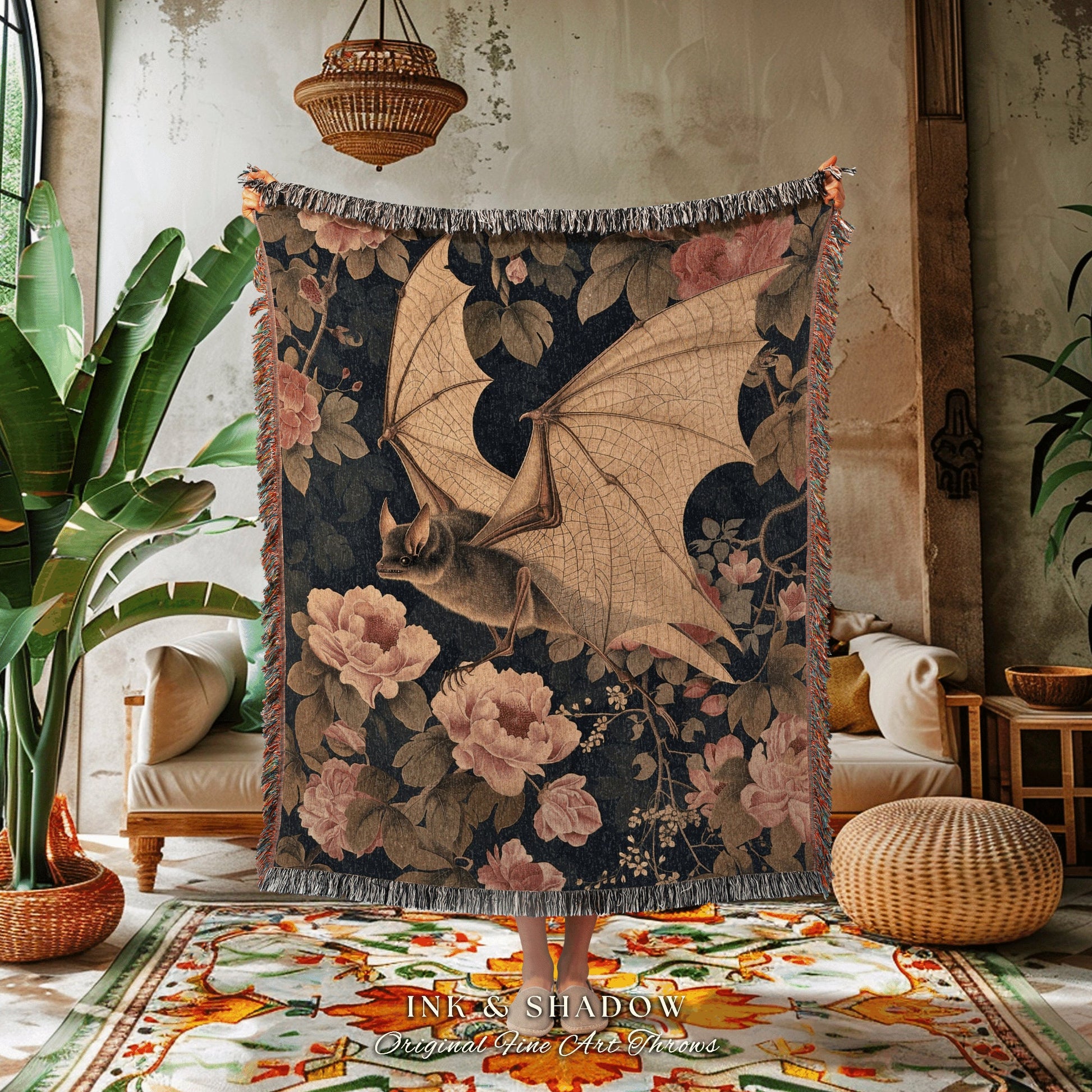 Warm Botanicals Woven Throw | Pastel Goth Wall Tapestry Pastel Wall Art Bedroom Decor Fruit Bat Neutral Wall Art Whimsical Dark Academia