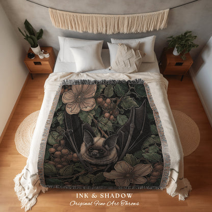 Dark Woodland Bat Picnic Blanket | Gothic Tapestry Pastel Wall Art Bedroom Decor Astrology Bat Wall Art Whimsical Dark Floral Bedding Goth |