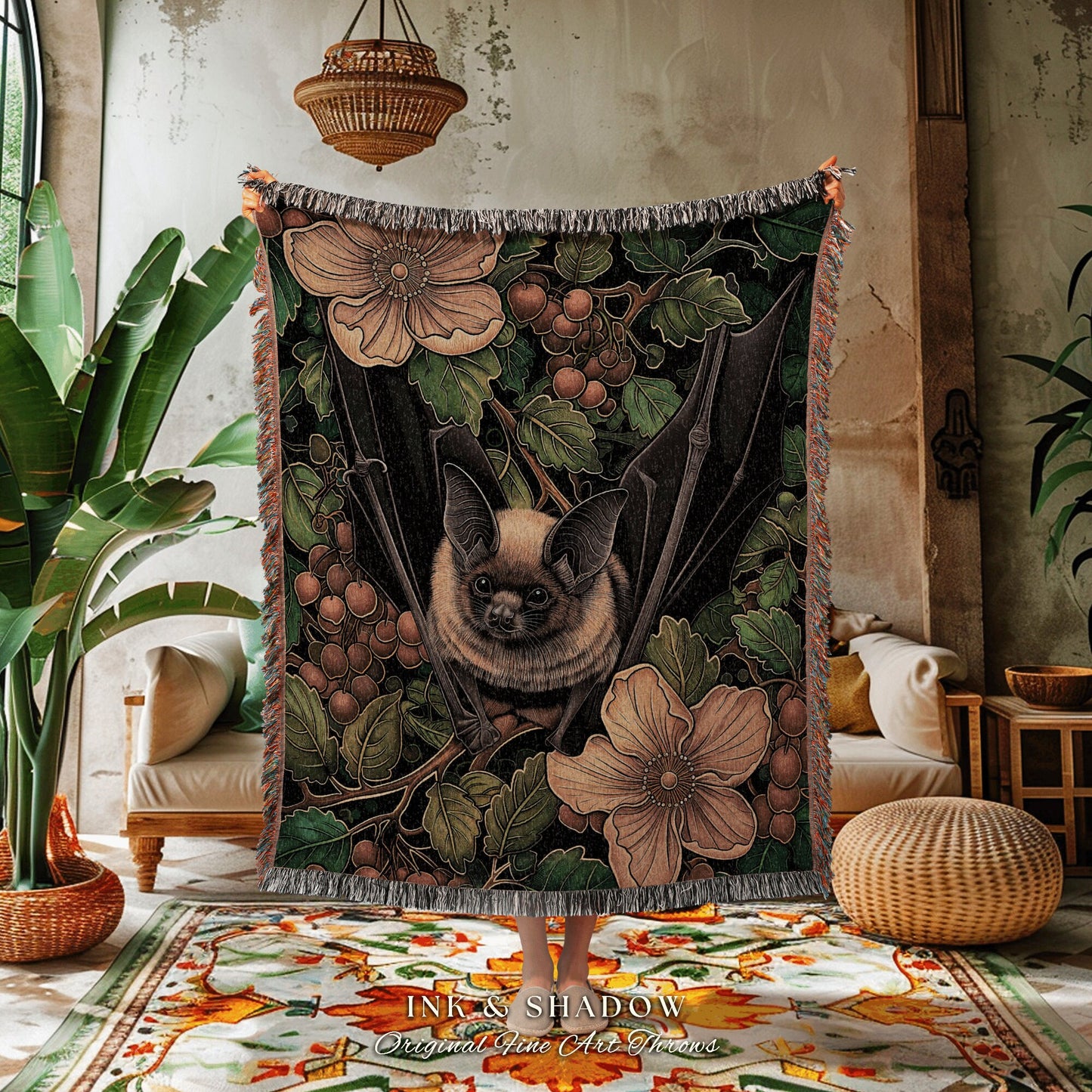 Dark Woodland Bat Picnic Blanket | Gothic Tapestry Pastel Wall Art Bedroom Decor Astrology Bat Wall Art Whimsical Dark Floral Bedding Goth |