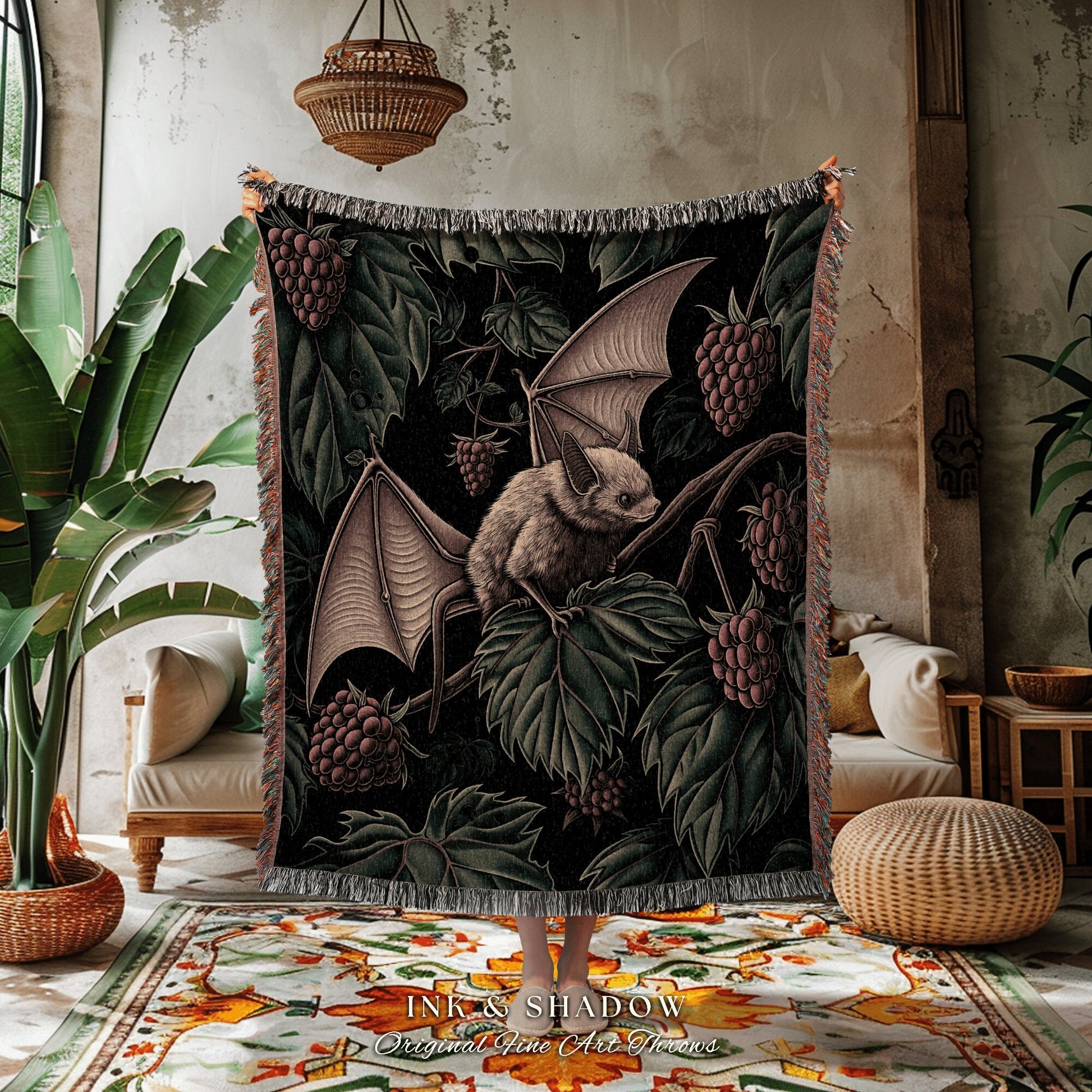 Dark Botanical Bat Blanket Cozy Decor | Whimsigoth Cottagecore Tapestry Woven Throw Victorian Gothic Bedroom Woodland Ethereal Botanical |