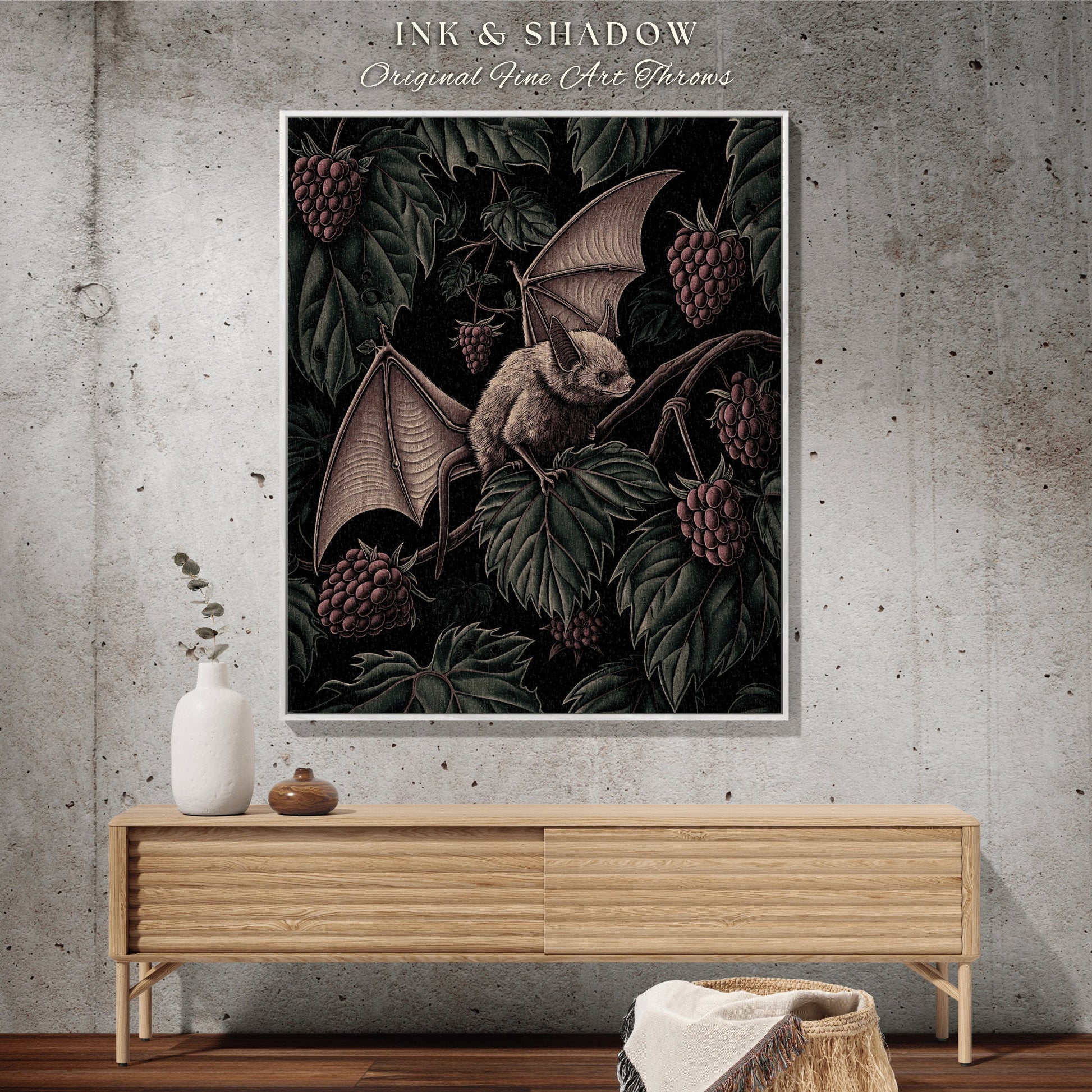 Dark Botanical Bat Blanket Cozy Decor | Whimsigoth Cottagecore Tapestry Woven Throw Victorian Gothic Bedroom Woodland Ethereal Botanical |