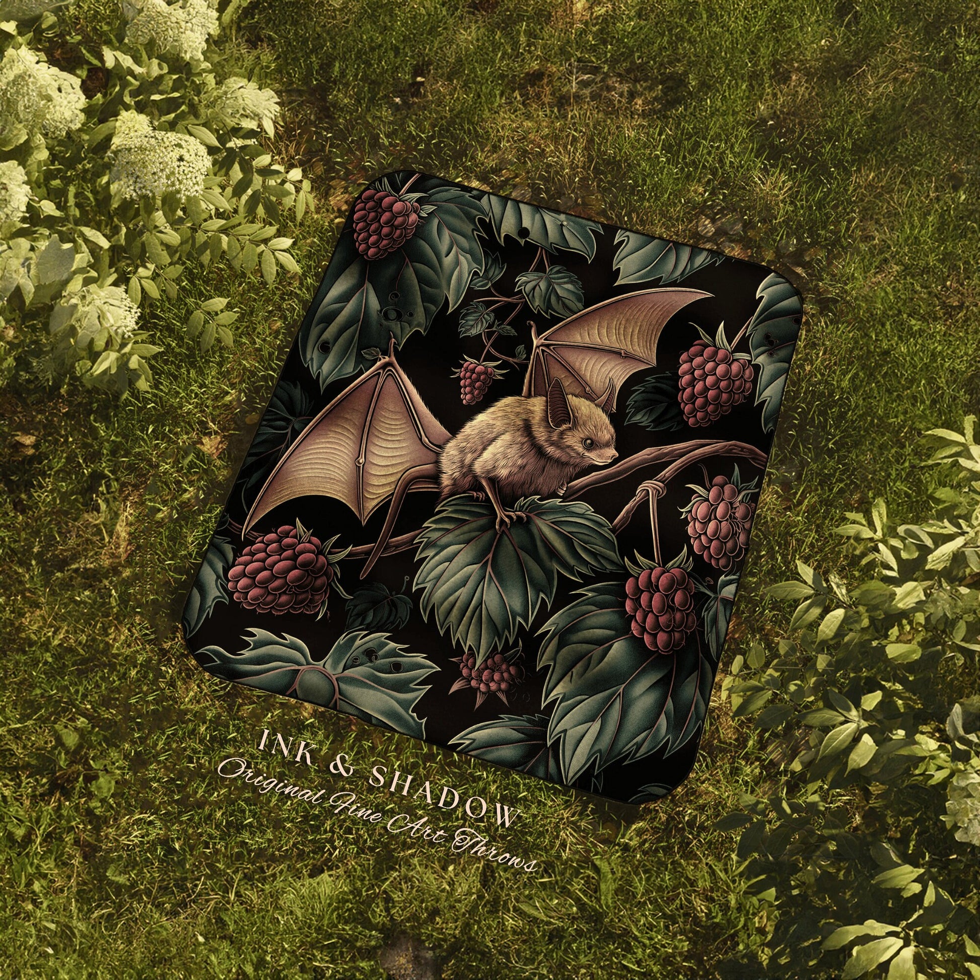 Dark Botanical Bat Blanket Cozy Decor | Whimsigoth Cottagecore Tapestry Woven Throw Victorian Gothic Bedroom Woodland Ethereal Botanical |