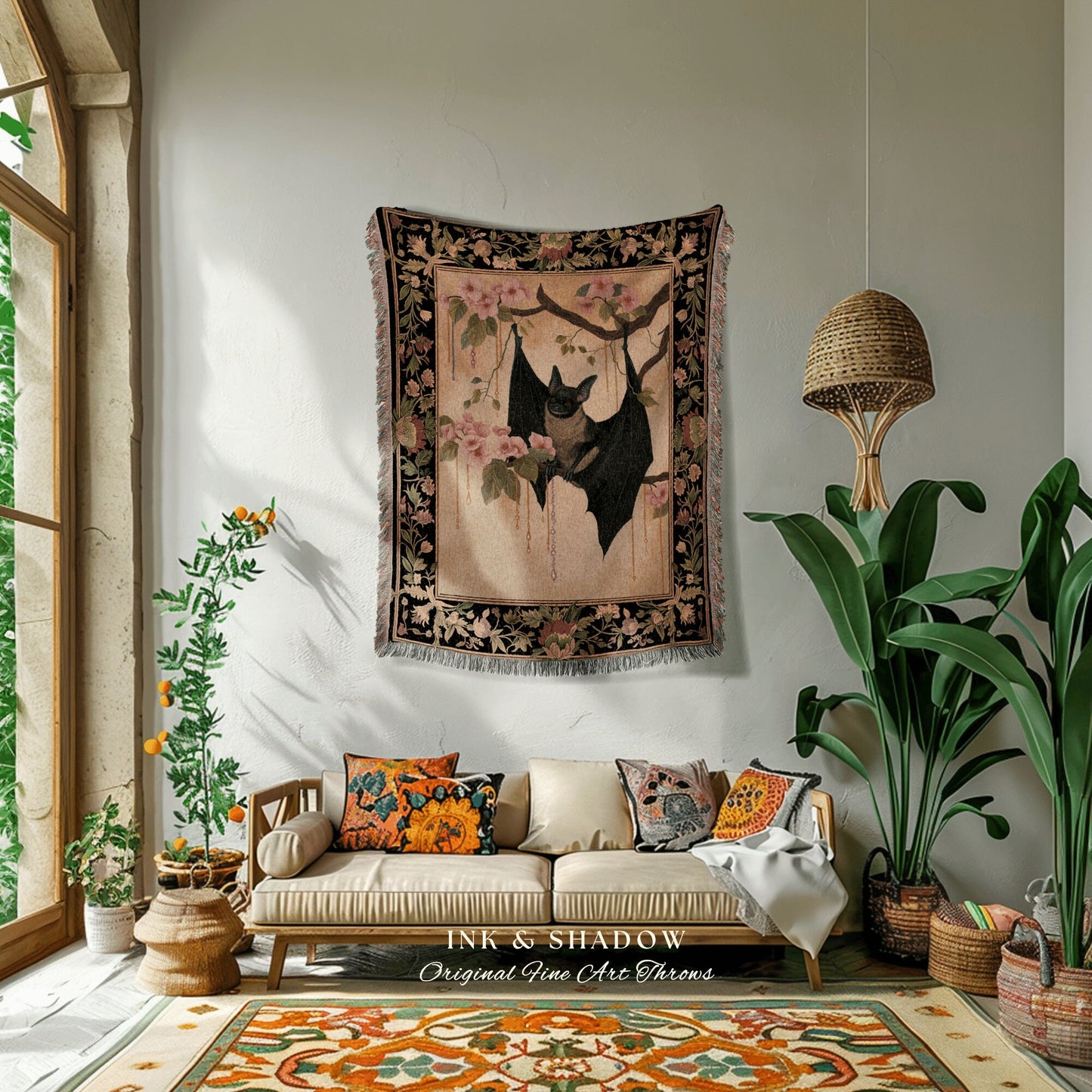 Mystic Bat Throw Blanket Woven | Woodland Gothic Tapestry Crowcore Bedroom Decor Housewarming Gift Bat Lover Wall Art Whimsigoth Victorian