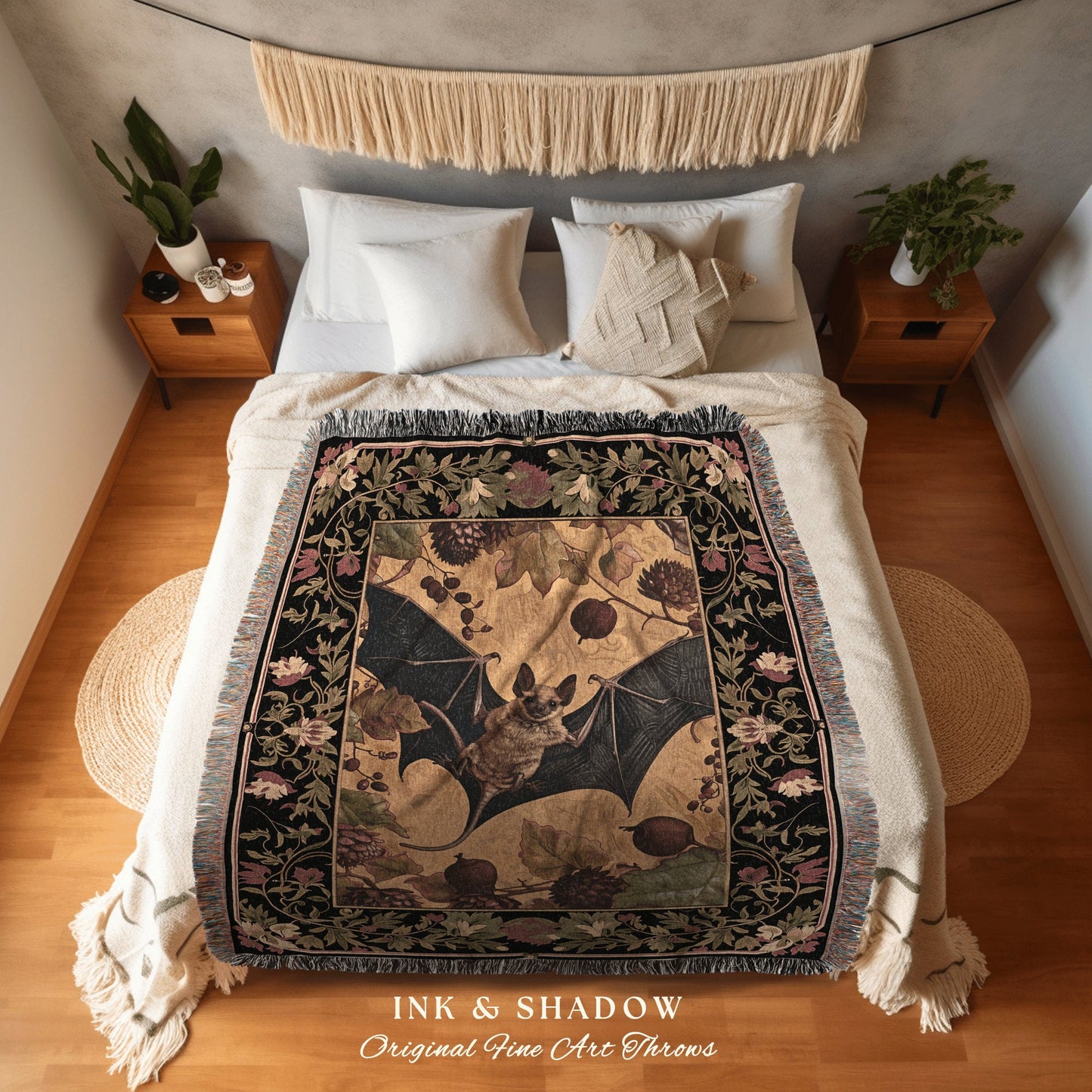 Rustic Aesthetic Bat Blanket Woven | Floral Cottagecore Tapestry Woodland Wall Art Bedroom Decor Woodland Bat Colorful Wall Art Victorian |