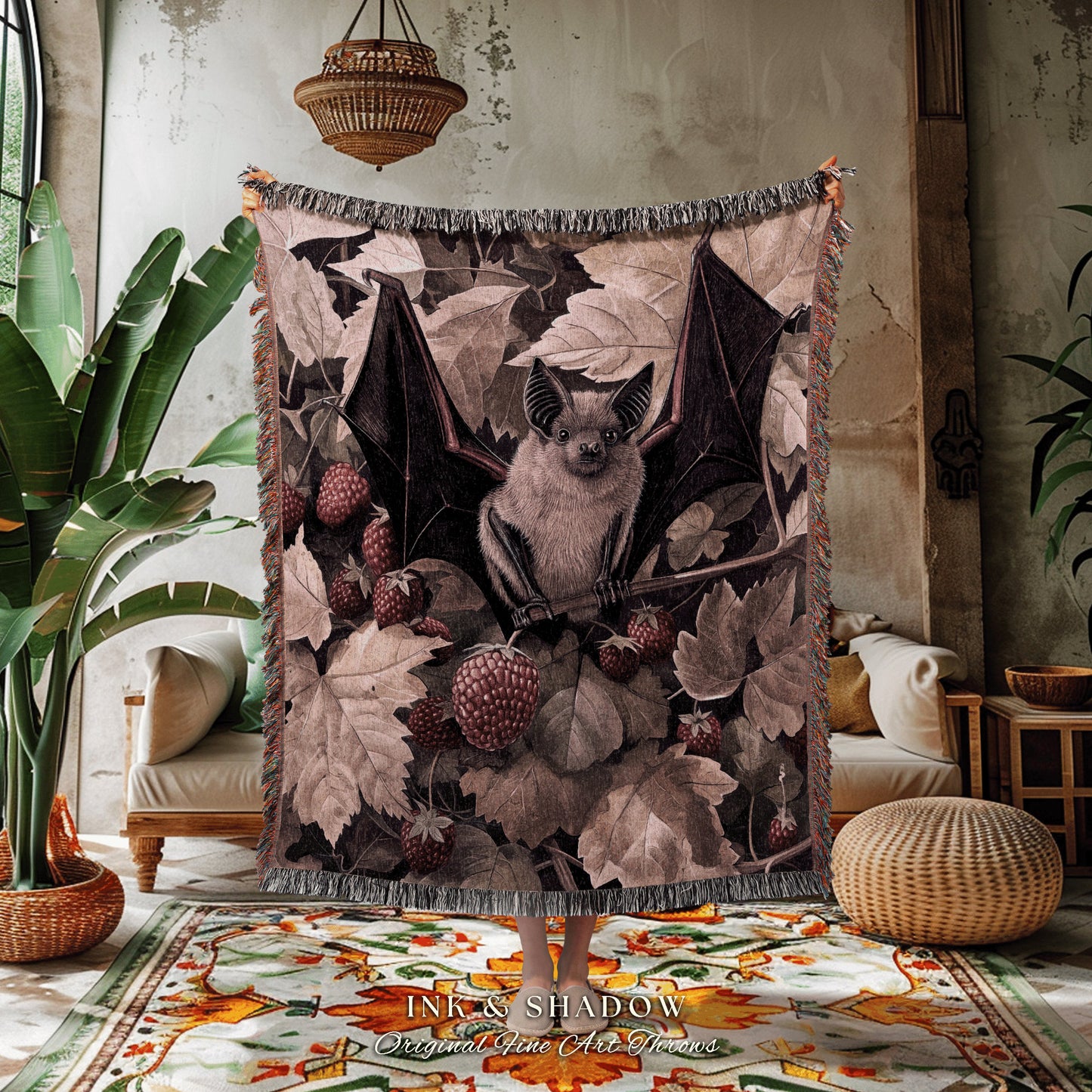 Witchy Bat Aesthetic Picnic Blanket | Indie Wall Tapestry Woven Blanket Victorian Bedroom Decor Woodland Ethereal Botanical Gothic Gift |