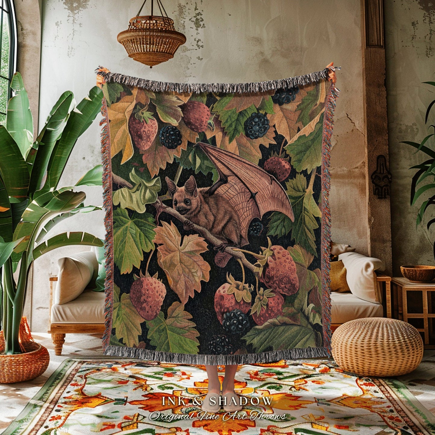 Berry Bat Woodland Tapestry Woven Dark Cottagecore Blanket Housewarming Gift | Forestcore Fall Bat Vintage Aesthetic Rustic Cottagegoth Art